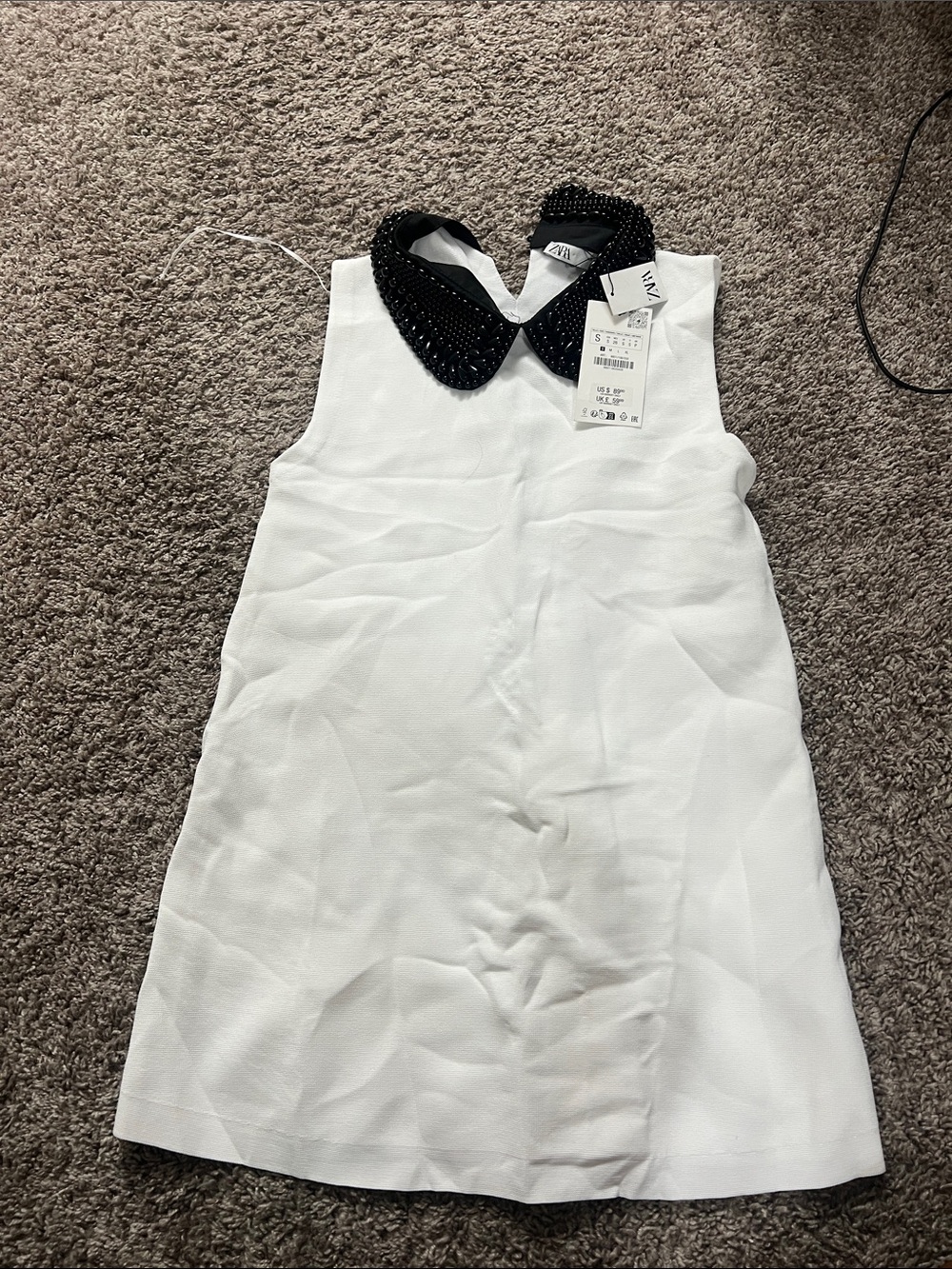 Zara White Sleeveless Shift Dress with Black Beaded Collar